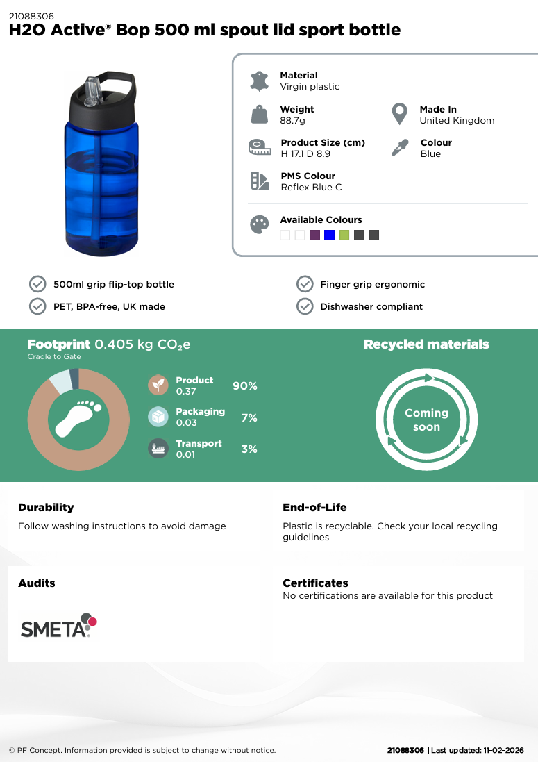 H2O Active® Bop 500 ml sportsflaske med tut lokk og integrert fingergrepsdesign  Bestselger